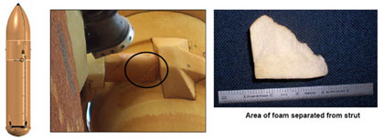 A graphic from NASA shows the external fuel tank, close-up of the lock speedline bracket showing an area of missing foam and a photo of the missing chunk of foam from space shuttle Discovery's external fuel tank in Cape Canaveral July 3, 2006.